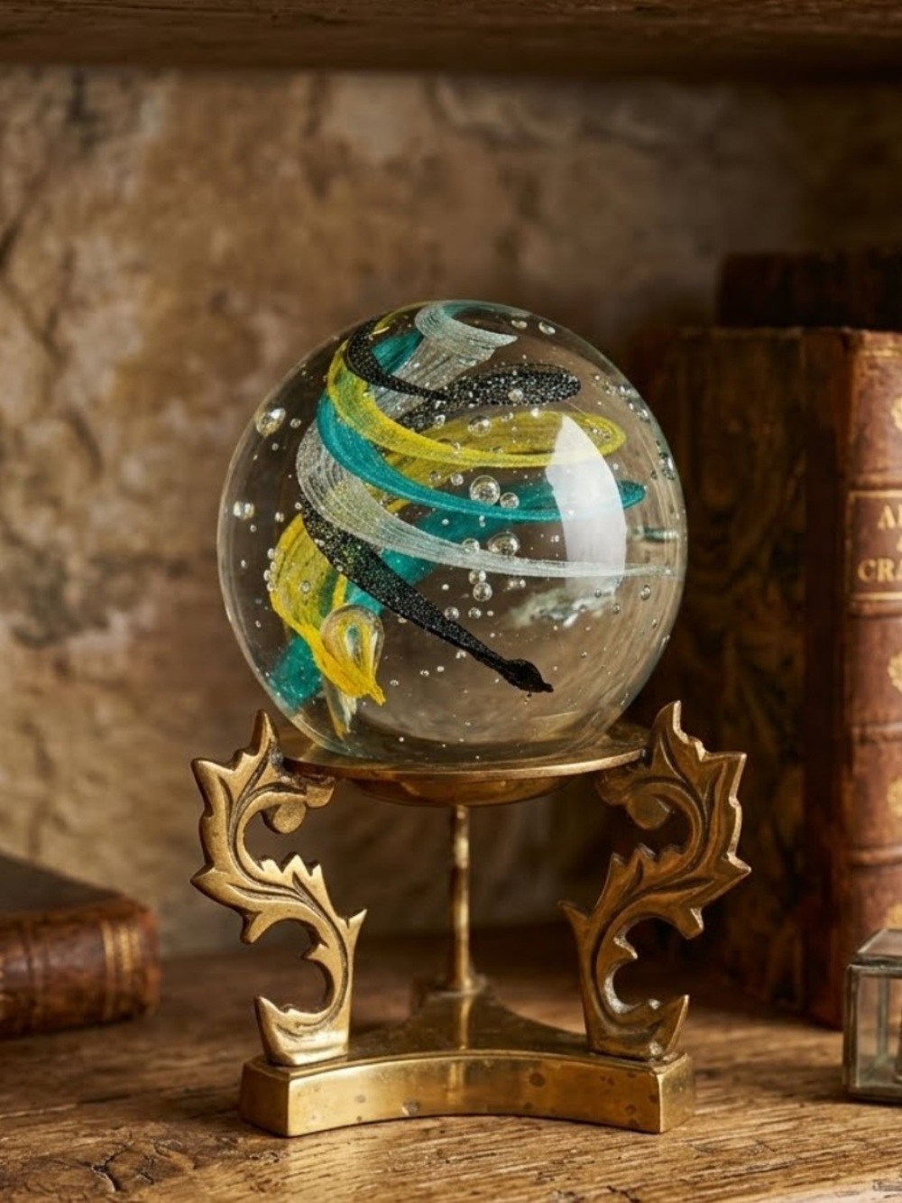 Vintage glass paperweight 80’s Clear Glass Art Sphere Teal, Yellow Black Swirl